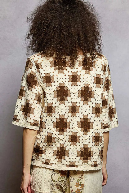 POL Round Neck Short Sleeve Color Pattern Crochet Top with Border Accents - Bitsy Gypsy Boutique