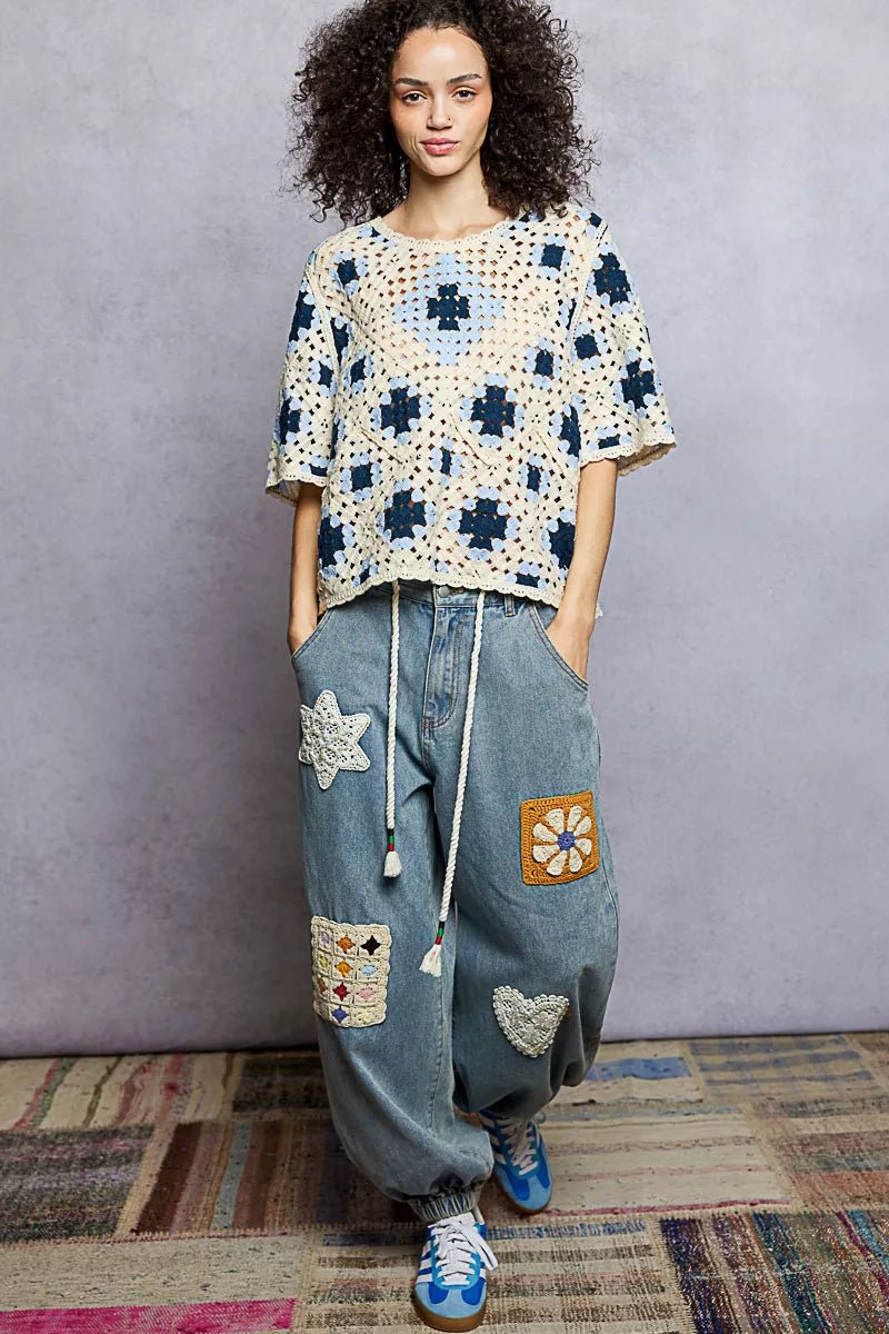 POL Round Neck Short Sleeve Color Pattern Crochet Top with Border Accents - Bitsy Gypsy Boutique