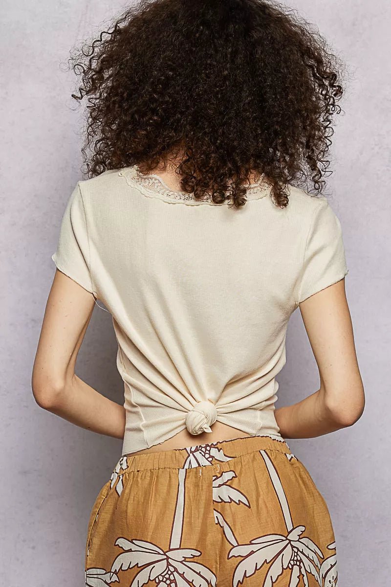 POL Round Neck Short Sleeve Crop T-Shirt with Lace Trim - Bitsy Gypsy Boutique