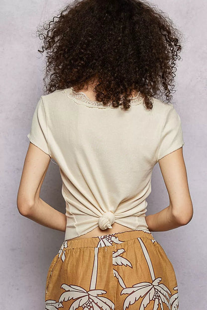 POL Round Neck Short Sleeve Crop T-Shirt with Lace Trim - Bitsy Gypsy Boutique