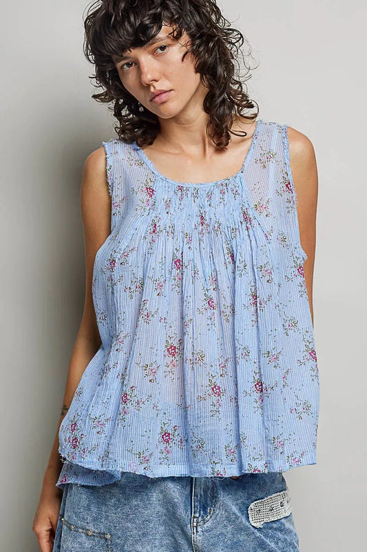 POL Round Neck Sleeveless Floral Pleated Cotton Top - Bitsy Gypsy Boutique