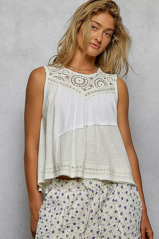 POL Round Neck Sleeveless Top with Crochet Contrast - Bitsy Gypsy Boutique