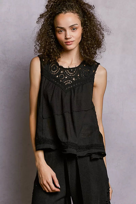 POL Round Neck Sleeveless Top with Crochet Contrast - Bitsy Gypsy Boutique