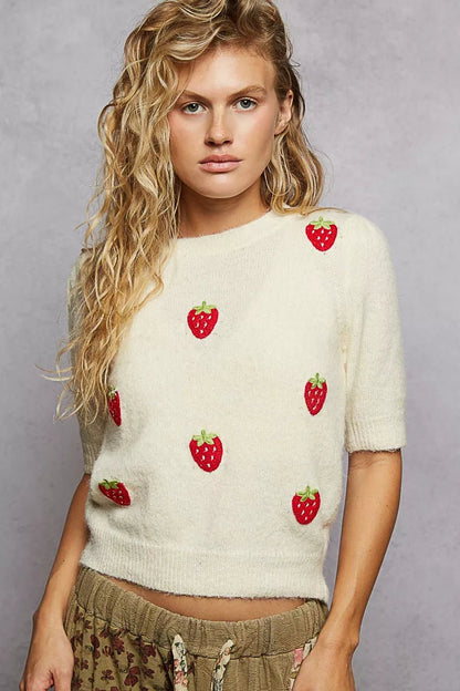 POL Round Neck Strawberry Patch Sweater with Shirring Shoulder - Bitsy Gypsy Boutique
