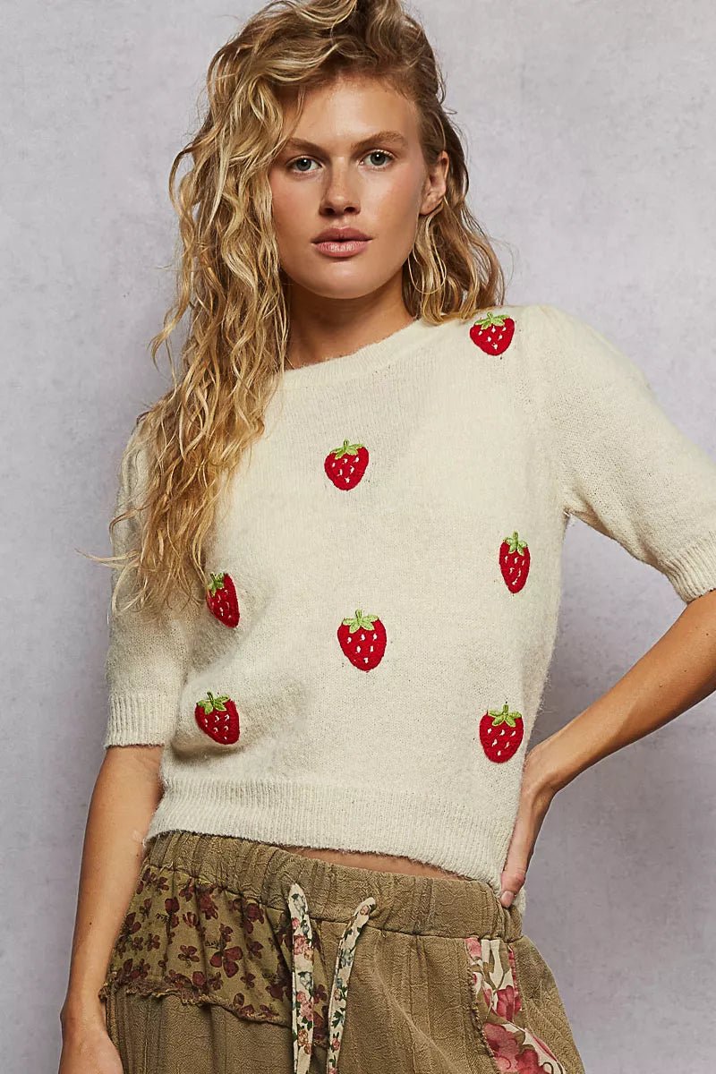 POL Round Neck Strawberry Patch Sweater with Shirring Shoulder - Bitsy Gypsy Boutique