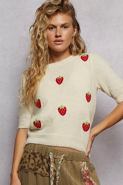 POL Round Neck Strawberry Patch Sweater with Shirring Shoulder - Bitsy Gypsy Boutique