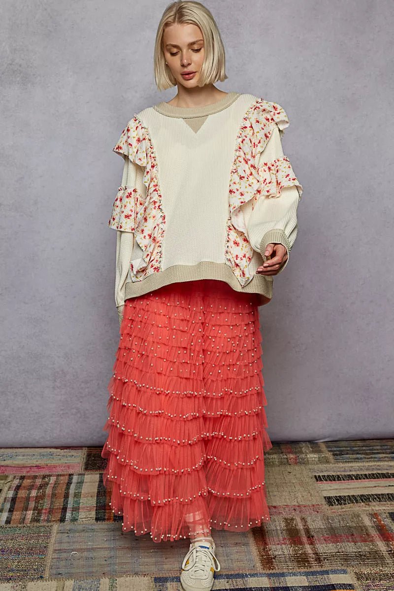 POL Round Neck Sweater with Floral Ruffle Detail - Bitsy Gypsy Boutique