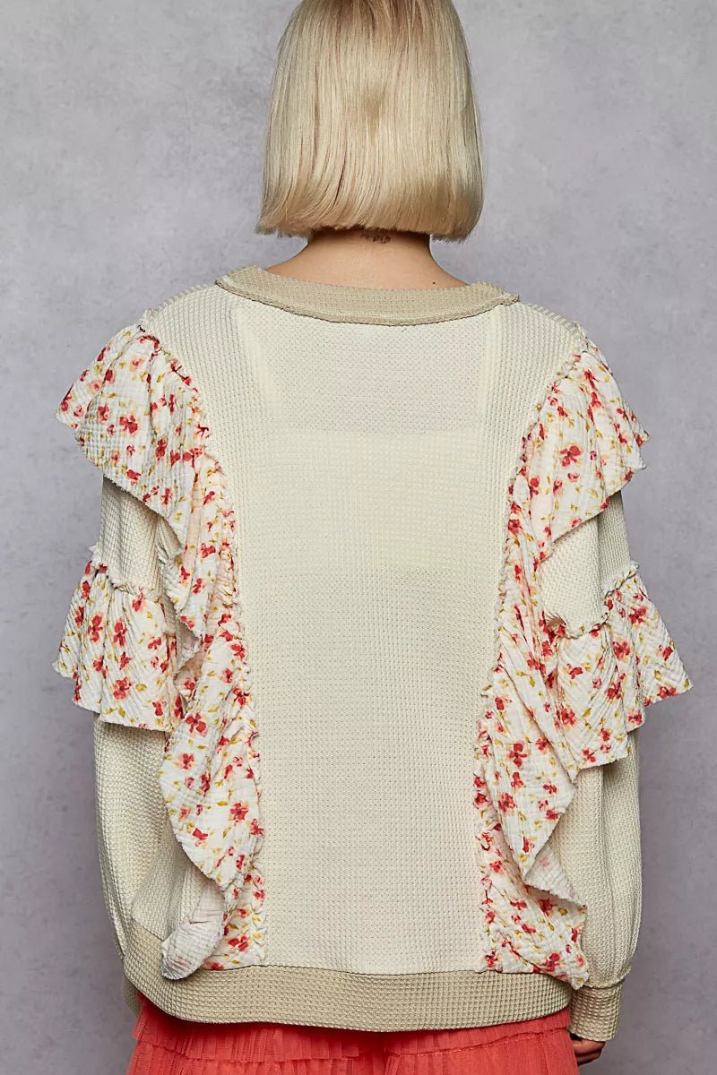 POL Round Neck Sweater with Floral Ruffle Detail - Bitsy Gypsy Boutique