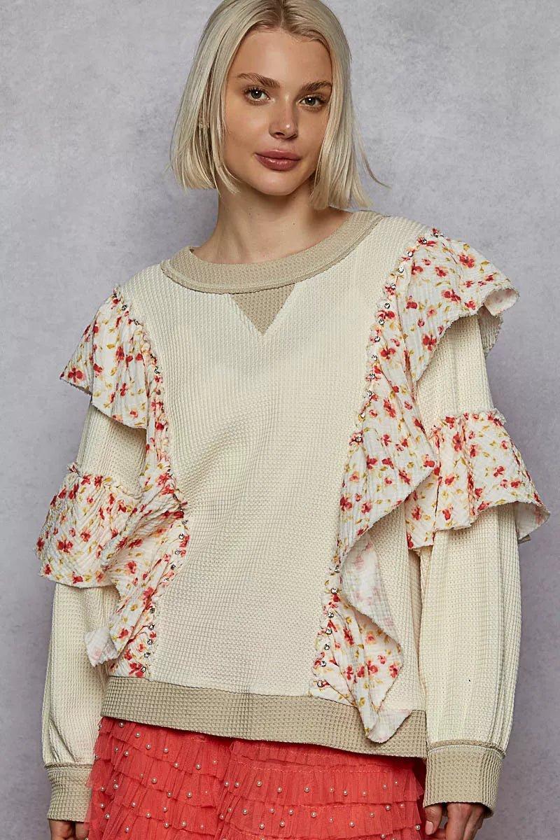 POL Round Neck Sweater with Floral Ruffle Detail - Bitsy Gypsy Boutique