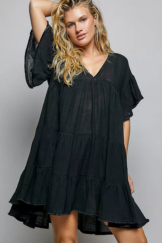 POL Ruffle Shirred V-Neck Short Sleeve Cotton Dress - Bitsy Gypsy Boutique