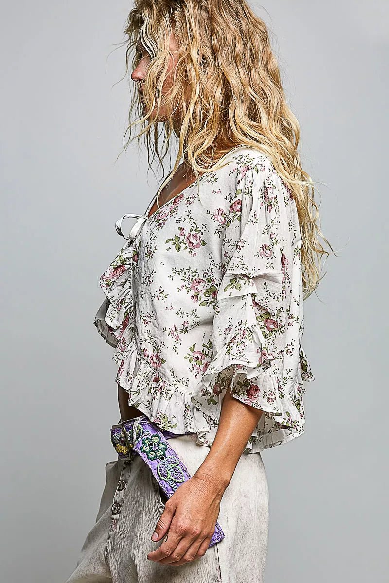 POL Ruffle Tie Front Cropped Floral Woven Flutter Sleeve Top - Bitsy Gypsy Boutique