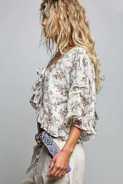 POL Ruffle Tie Front Cropped Floral Woven Flutter Sleeve Top - Bitsy Gypsy Boutique