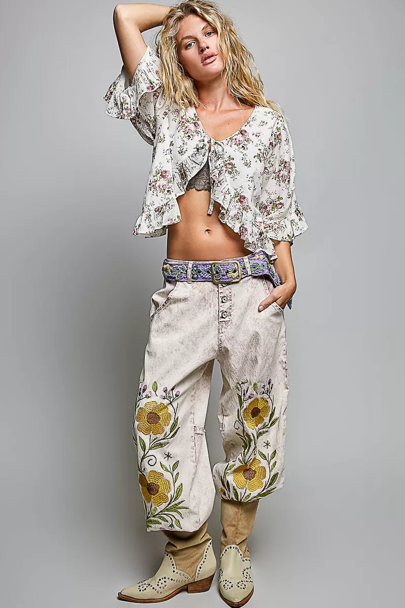 POL Ruffle Tie Front Cropped Floral Woven Flutter Sleeve Top - Bitsy Gypsy Boutique