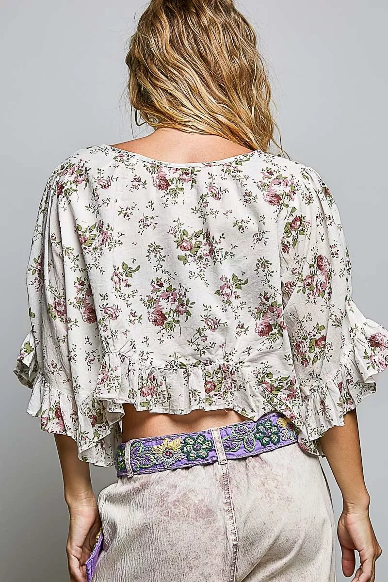 POL Ruffle Tie Front Cropped Floral Woven Flutter Sleeve Top - Bitsy Gypsy Boutique