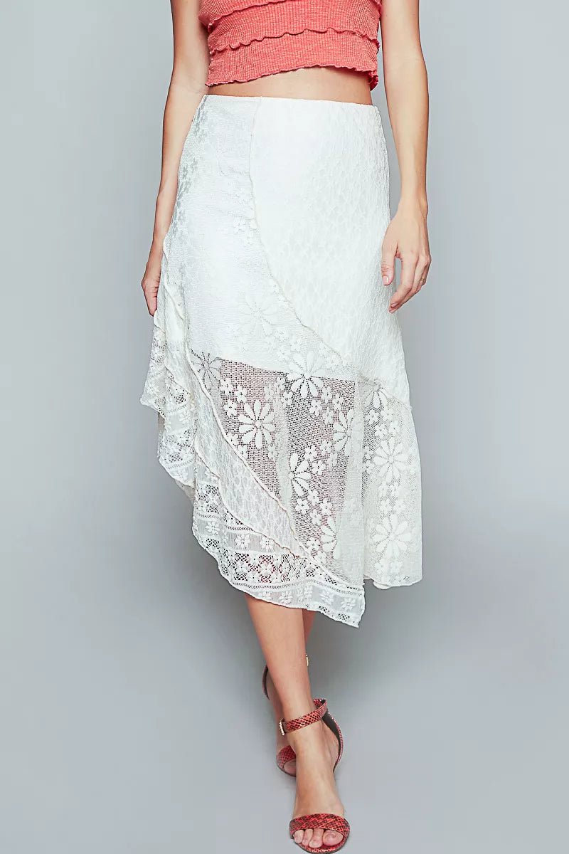 POL Ruffled Floral Lace Skirt with Unbalanced Hem - Bitsy Gypsy Boutique