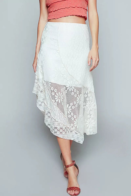 POL Ruffled Floral Lace Skirt with Unbalanced Hem - Bitsy Gypsy Boutique