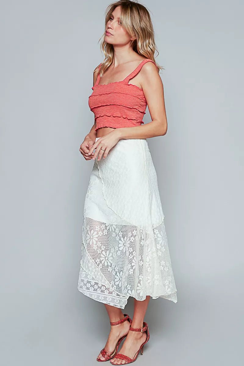 POL Ruffled Floral Lace Skirt with Unbalanced Hem - Bitsy Gypsy Boutique