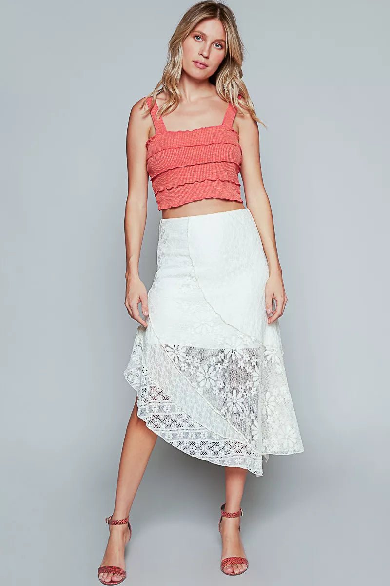 POL Ruffled Floral Lace Skirt with Unbalanced Hem - Bitsy Gypsy Boutique