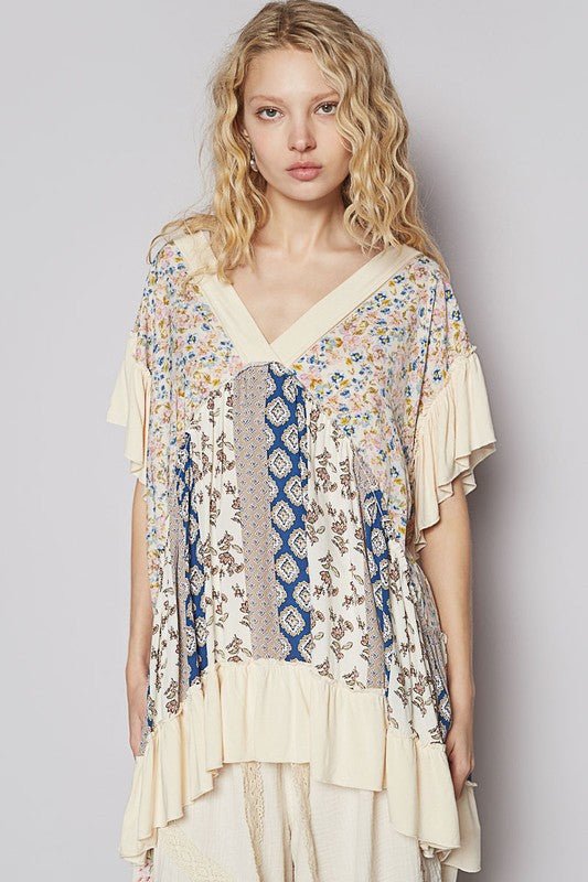 POL Ruffled Hem Printed V - Neck Short Sleeve Blouse - Bitsy Gypsy Boutique