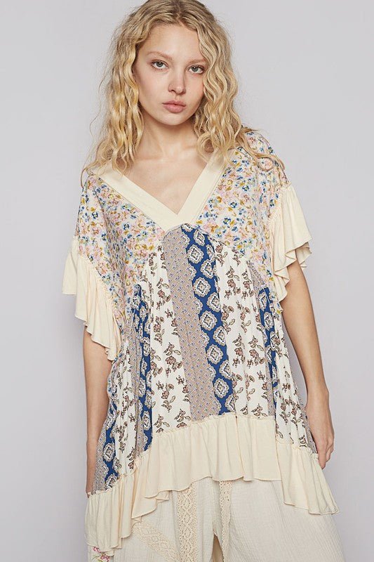 POL Ruffled Hem Printed V - Neck Short Sleeve Blouse - Bitsy Gypsy Boutique