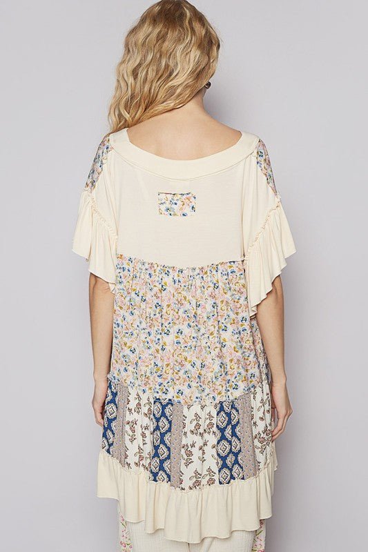 POL Ruffled Hem Printed V - Neck Short Sleeve Blouse - Bitsy Gypsy Boutique