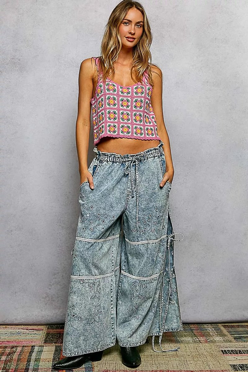 POL Scalloped Edge Cropped Crochet Cami with Granny Square Pattern - Bitsy Gypsy Boutique