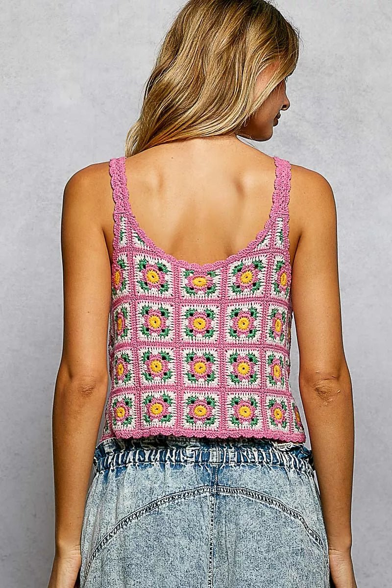 POL Scalloped Edge Cropped Crochet Cami with Granny Square Pattern - Bitsy Gypsy Boutique