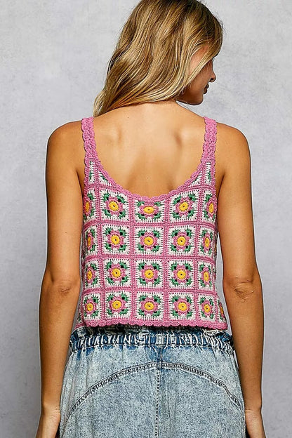 POL Scalloped Edge Cropped Crochet Cami with Granny Square Pattern - Bitsy Gypsy Boutique