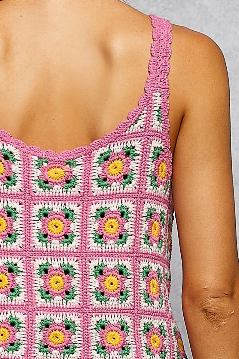 POL Scalloped Edge Cropped Crochet Cami with Granny Square Pattern - Bitsy Gypsy Boutique