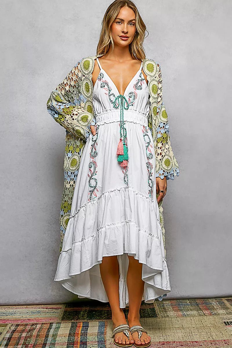 POL Scalloped Edge Open Front Crochet Cardigan with Colorful Stripe Pattern - Bitsy Gypsy Boutique