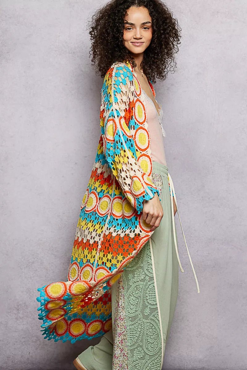 POL Scalloped Edge Open Front Crochet Cardigan with Colorful Stripe Pattern - Bitsy Gypsy Boutique
