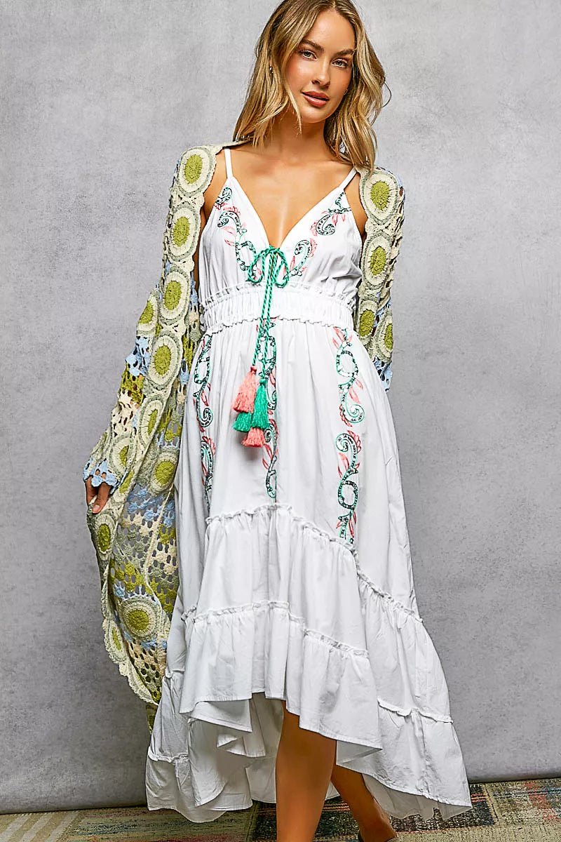 POL Scalloped Edge Open Front Crochet Cardigan with Colorful Stripe Pattern - Bitsy Gypsy Boutique