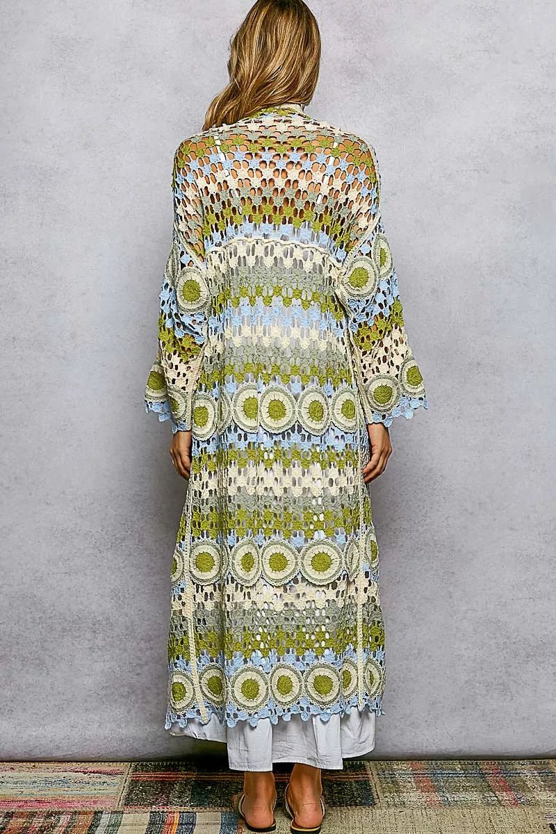 POL Scalloped Edge Open Front Crochet Cardigan with Colorful Stripe Pattern - Bitsy Gypsy Boutique