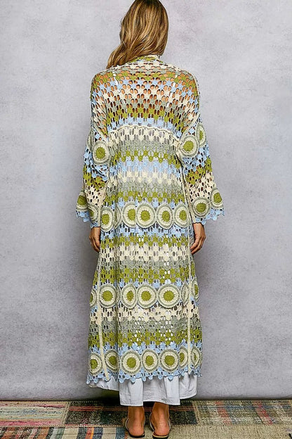 POL Scalloped Edge Open Front Crochet Cardigan with Colorful Stripe Pattern - Bitsy Gypsy Boutique