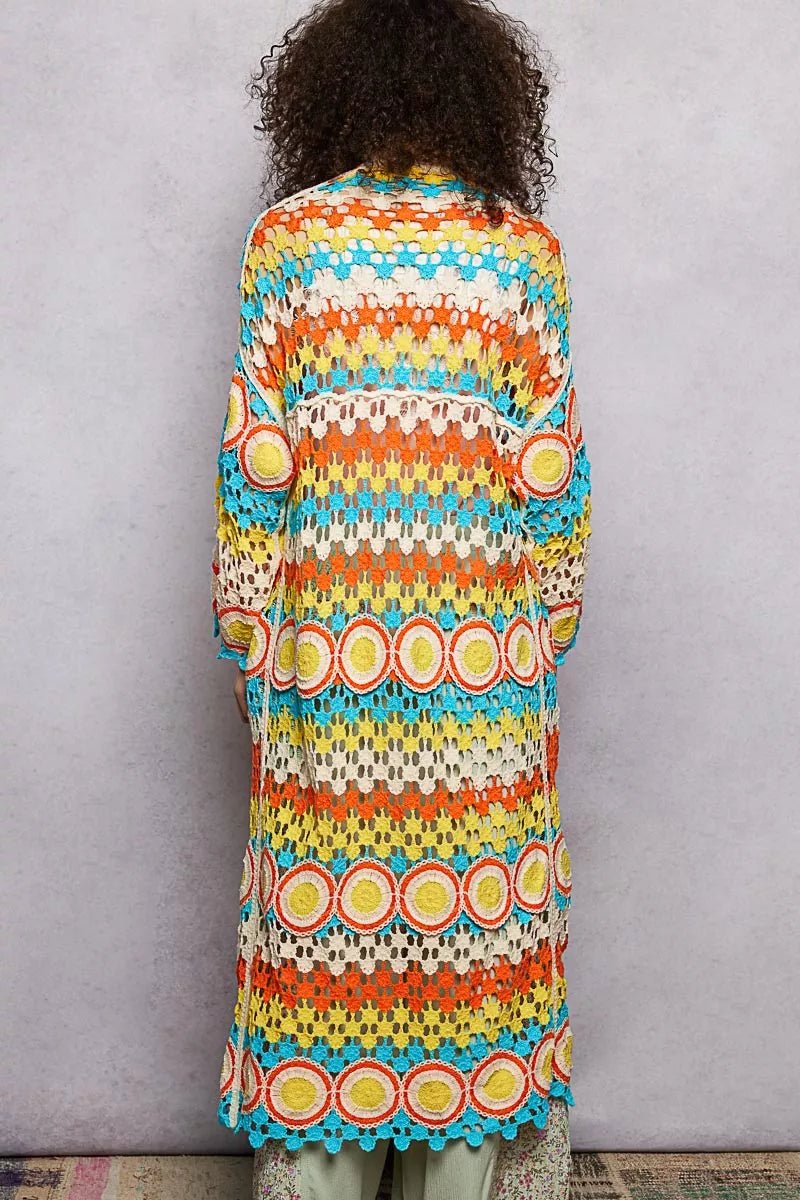 POL Scalloped Edge Open Front Crochet Cardigan with Colorful Stripe Pattern - Bitsy Gypsy Boutique