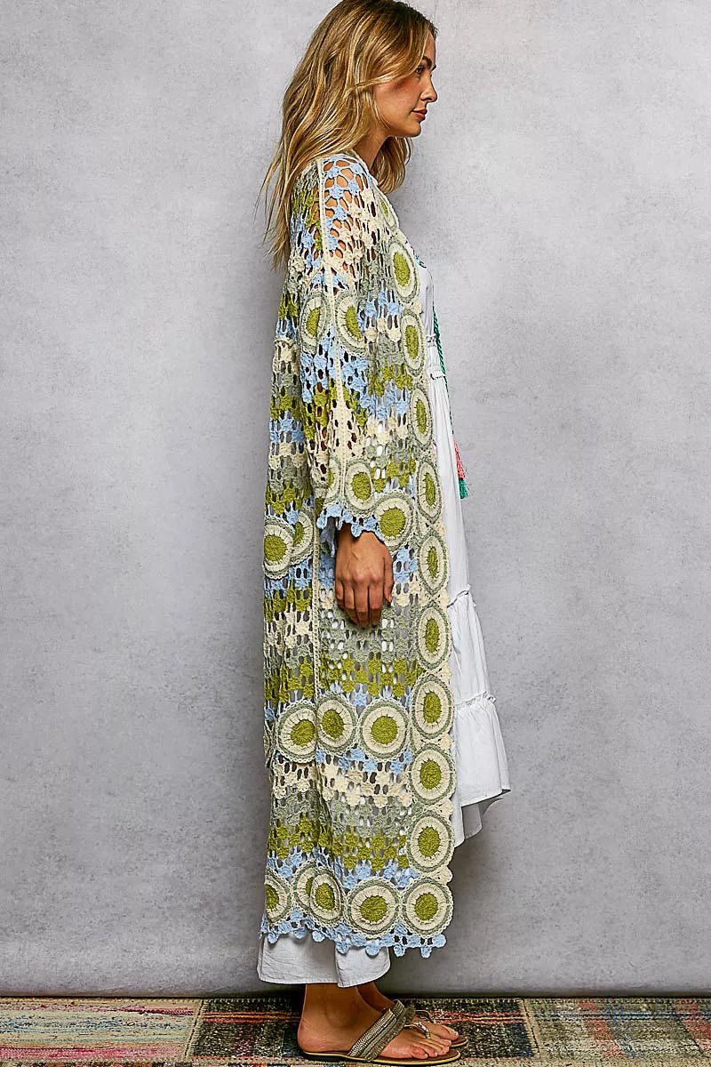 POL Scalloped Edge Open Front Crochet Cardigan with Colorful Stripe Pattern - Bitsy Gypsy Boutique