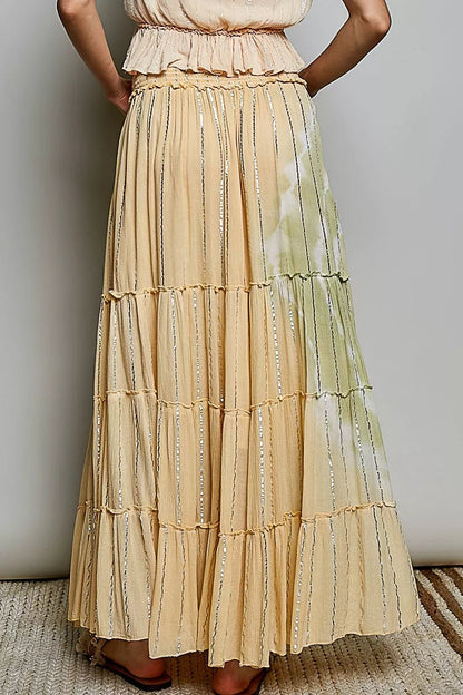 POL Shimmer Tiered Reverse Ruffle Smocked Waist Maxi Skirt - Bitsy Gypsy Boutique