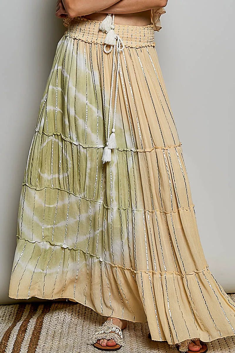 POL Shimmer Tiered Reverse Ruffle Smocked Waist Maxi Skirt - Bitsy Gypsy Boutique