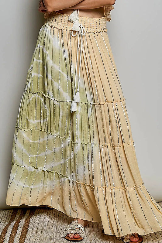 POL Shimmer Tiered Reverse Ruffle Smocked Waist Maxi Skirt - Bitsy Gypsy Boutique