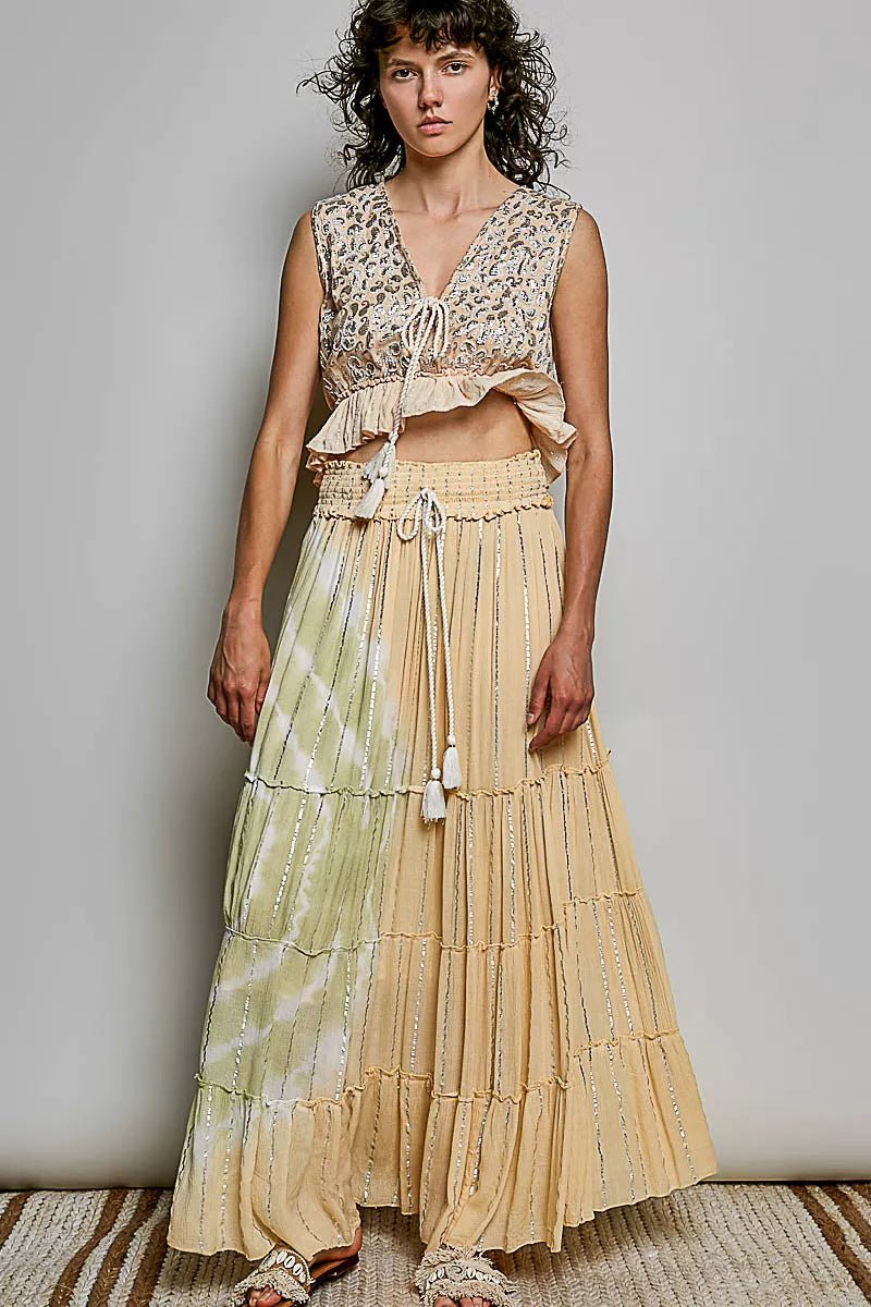 POL Shimmer Tiered Reverse Ruffle Smocked Waist Maxi Skirt - Bitsy Gypsy Boutique