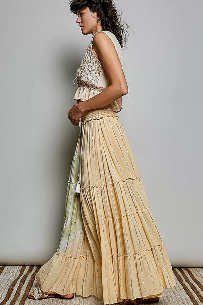 POL Shimmer Tiered Reverse Ruffle Smocked Waist Maxi Skirt - Bitsy Gypsy Boutique