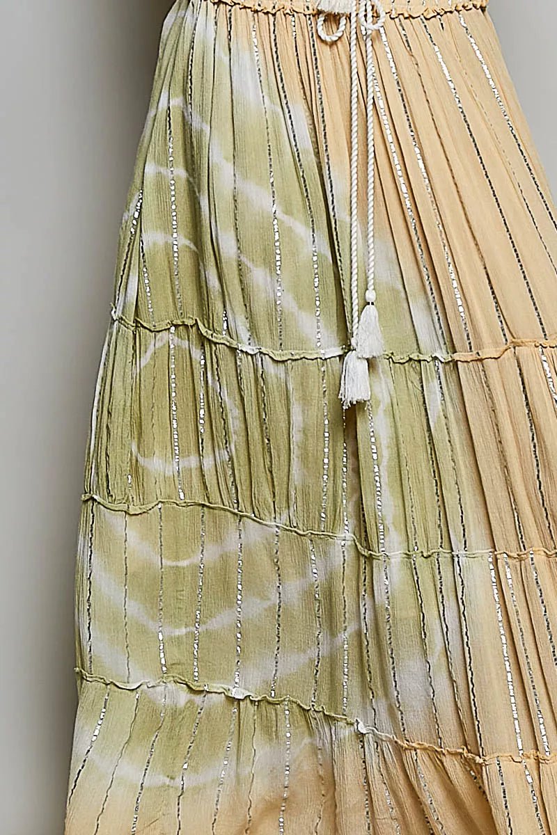 POL Shimmer Tiered Reverse Ruffle Smocked Waist Maxi Skirt - Bitsy Gypsy Boutique