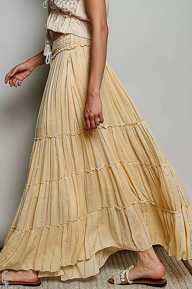 POL Shimmer Tiered Reverse Ruffle Smocked Waist Maxi Skirt - Bitsy Gypsy Boutique