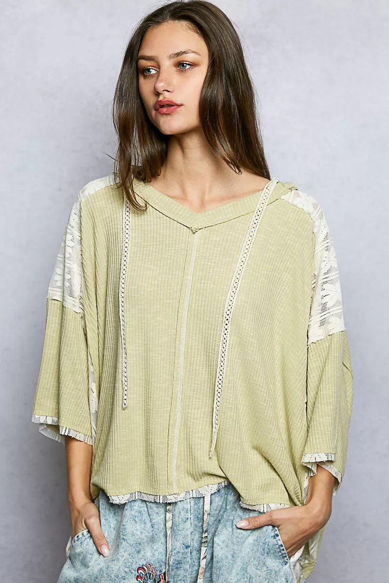 POL Short Sleeve Hoodie Top with Lace Detail - Bitsy Gypsy Boutique