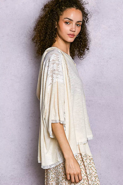 POL Short Sleeve Hoodie Top with Lace Detail - Bitsy Gypsy Boutique