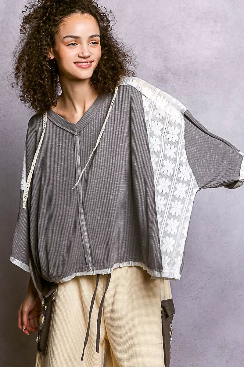 POL Short Sleeve Hoodie Top with Lace Detail - Bitsy Gypsy Boutique