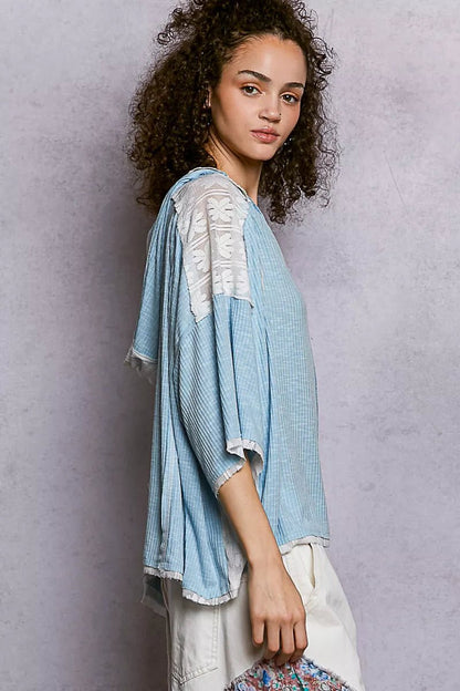POL Short Sleeve Hoodie Top with Lace Detail - Bitsy Gypsy Boutique