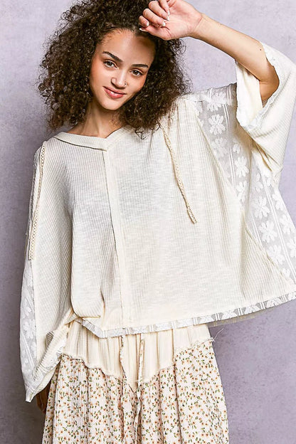 POL Short Sleeve Hoodie Top with Lace Detail - Bitsy Gypsy Boutique