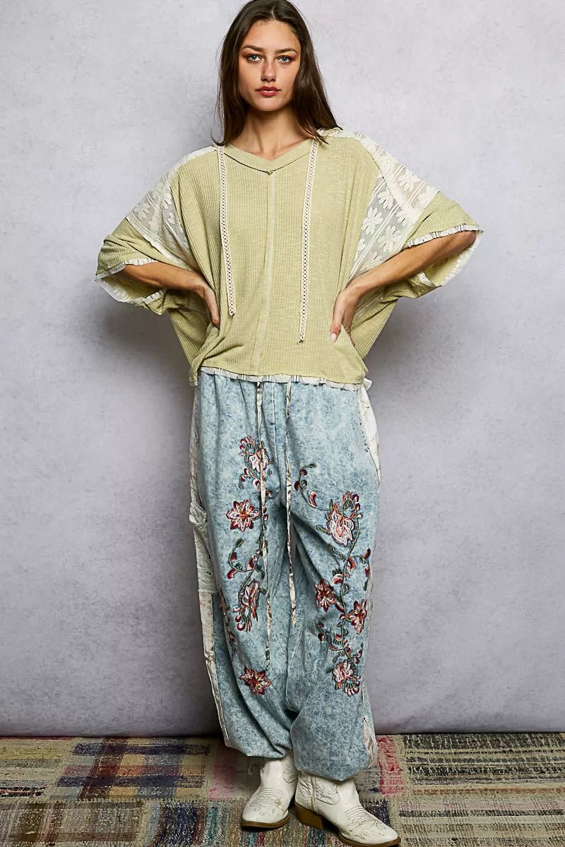 POL Short Sleeve Hoodie Top with Lace Detail - Bitsy Gypsy Boutique