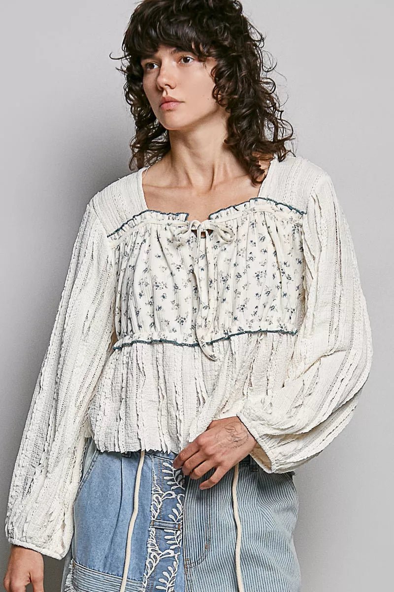 POL Square Neck Lace Long Balloon Sleeve Top - Bitsy Gypsy Boutique